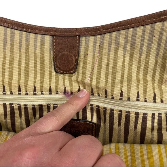 Fossil Straw Large Satchel Bag Floral Accent Leather Trim Magnetic Closure 13x17 - Picture 7 of 13